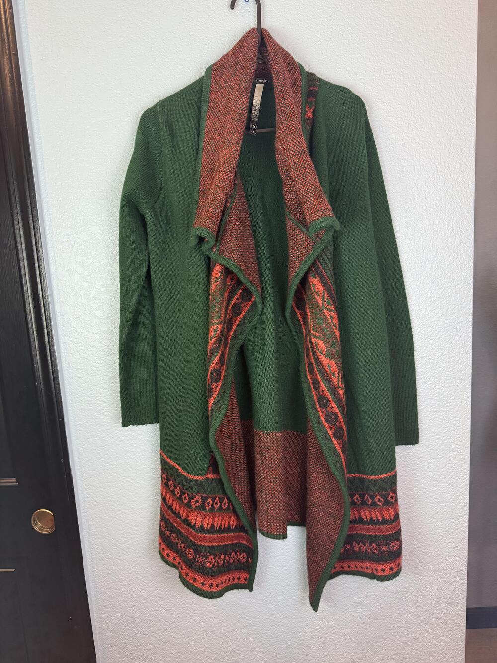 Kensie Sweater Womens Small Green Red Fair Isle Open Front Cardigan Boho Knit